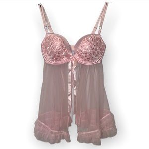 Victoria’s Secret Babydoll Pink Sheer Mesh and Lace with Bows